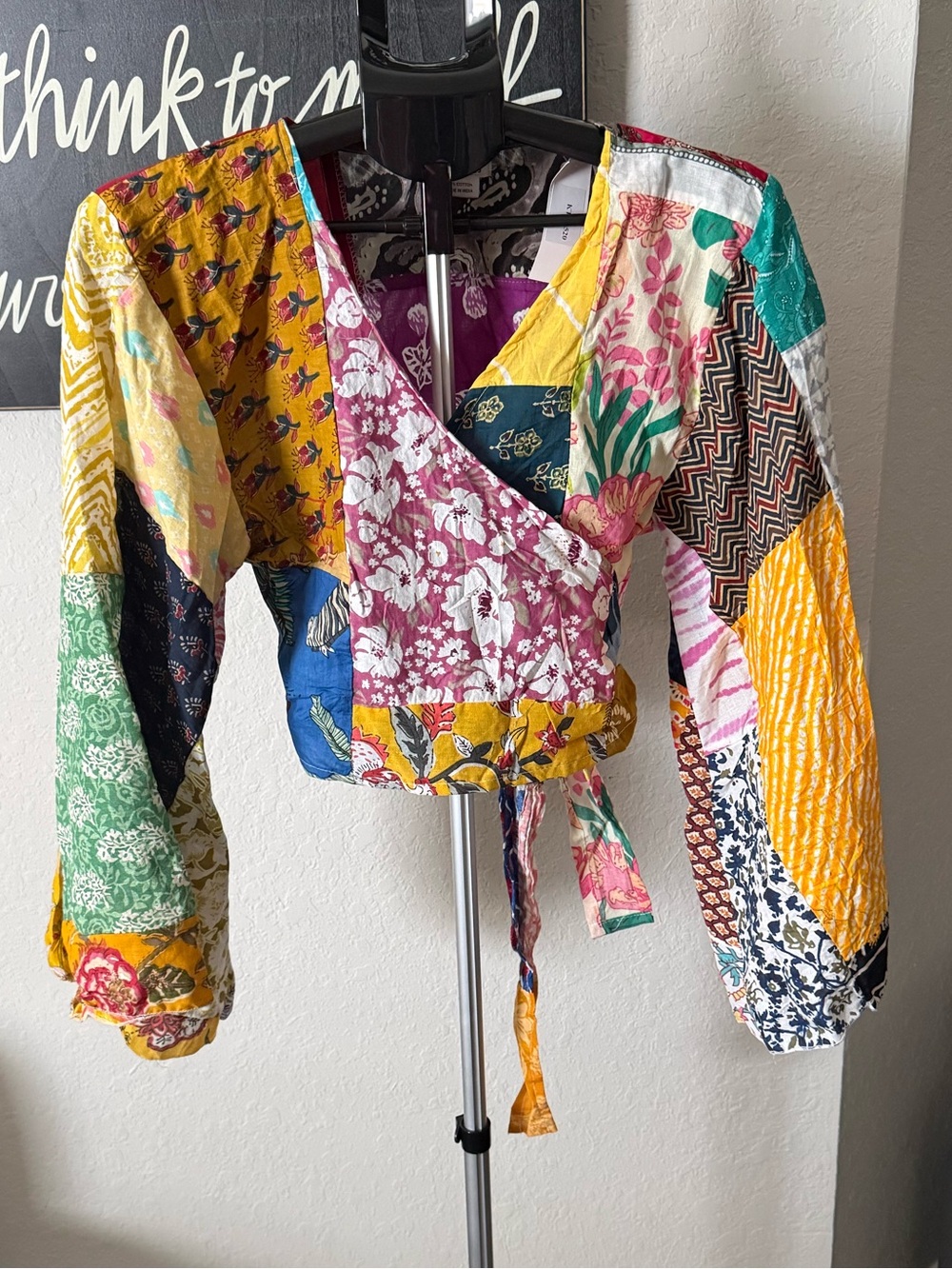 Kathmandu Multicolor Patchwork Wrap Blouse with Tie NWT